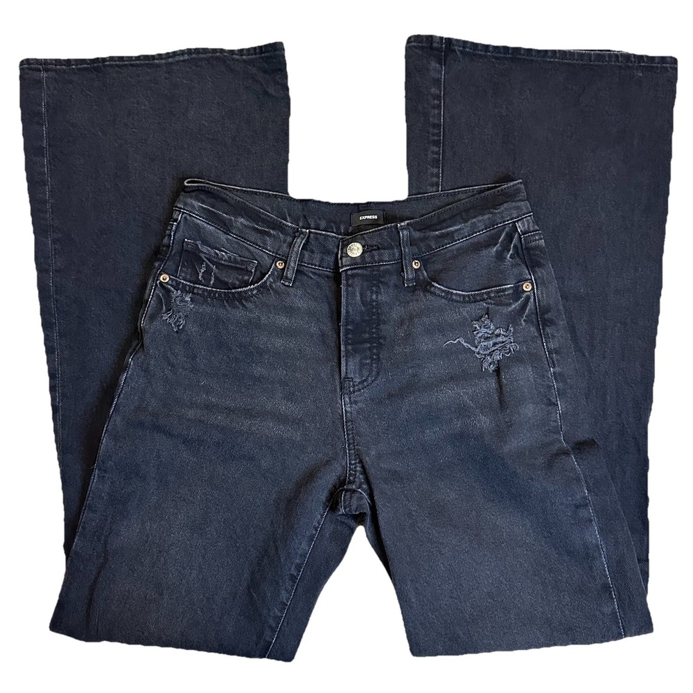 Express Women's Mid Rise Washed‎ Black Ripped '70s Flare Jeans Size 6R
